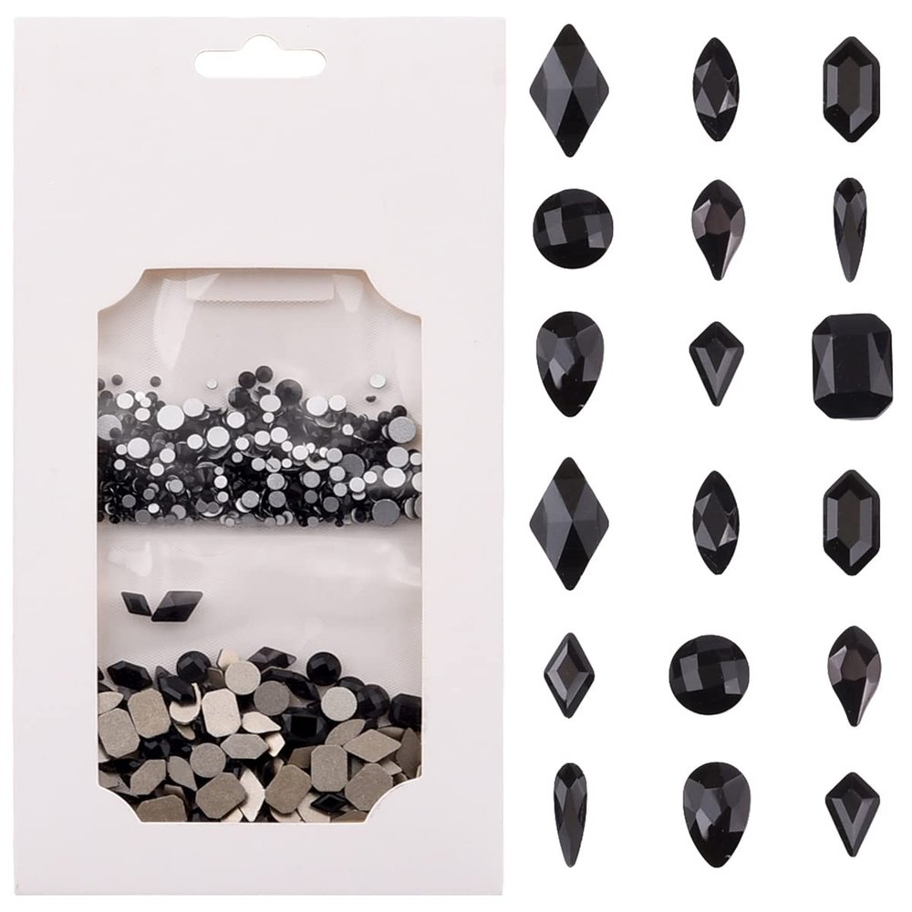 Tisslan 820pcs Mix 10 Shapes Flatback Black Nail Rhinestones Loose Round Beads Diamond Assortment Decoration Glass Charms for Nails Supply