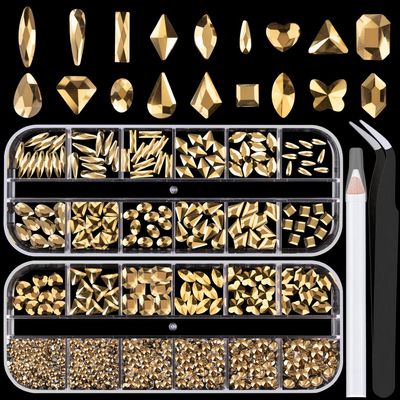 18 Styles Multi-Shaped Glass Gemstones for Nails and 6 Sizes Round Crystal Rhinestones Kit #9, Mineral Gold Nail Art Charm Bead Manicure Decoration with Pickup Pencil and Tweezer