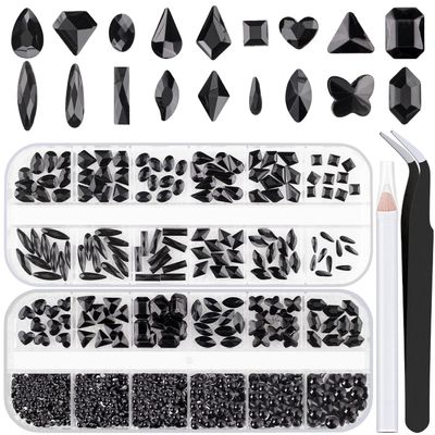 18 Styles Multi-Shaped Glass Gemstones for Nails and 6 Sizes Round Crystal Rhinestones Kit #4, Black Nail Art Charm Bead Manicure Decoration with Pickup Pencil and Tweezer