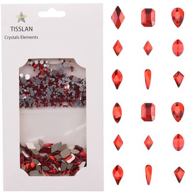 Tisslan 100pcs Glass Red Nail Rhinestones Shapes Mix 720pcs Flat Back Crystal Gem Stones Nail Decoration Charms Bulk Pack Supply