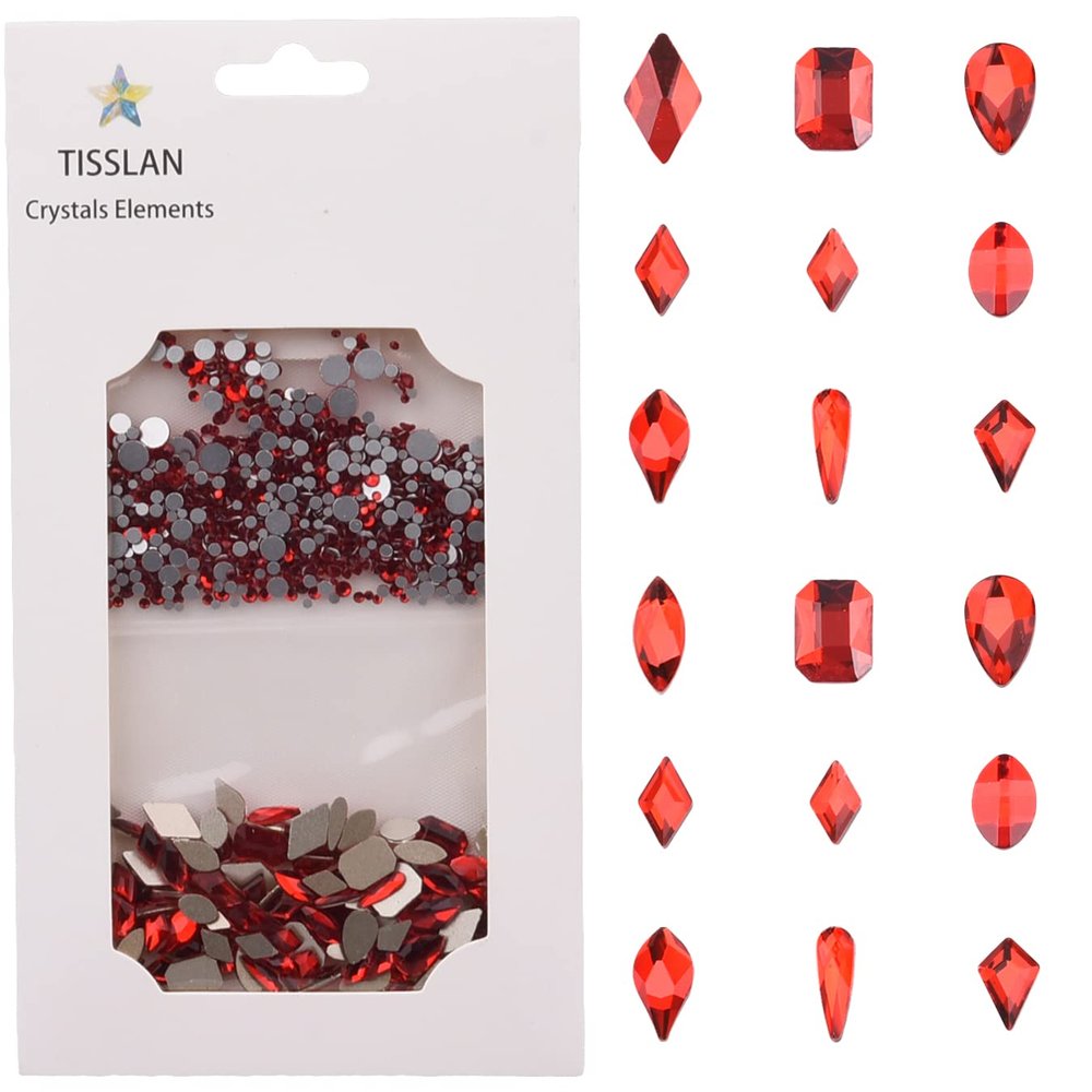 Tisslan 100pcs Glass Red Nail Rhinestones Shapes Mix 720pcs Flat Back Crystal Gem Stones Nail Decoration Charms Bulk Pack Supply