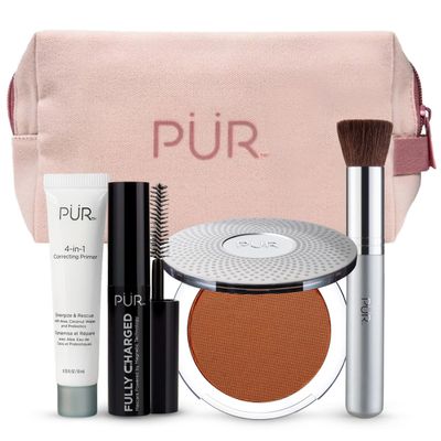 PR MINERALS Multitasking Essentials Kit, Deep - Makeup Gift Set Includes 4-in-1 Correcting Primer, Fully Charged Mascara, 4-in-1 Pressed Mineral Powder & 1 Chisel Brush