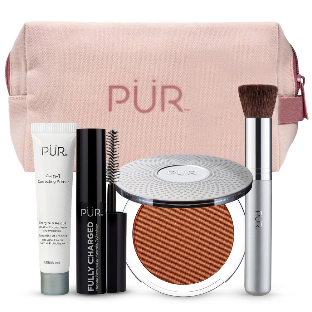 PR MINERALS Multitasking Essentials Kit, Deep - Makeup Gift Set Includes 4-in-1 Correcting Primer, Fully Charged Mascara, 4-in-1 Pressed Mineral Powder & 1 Chisel Brush