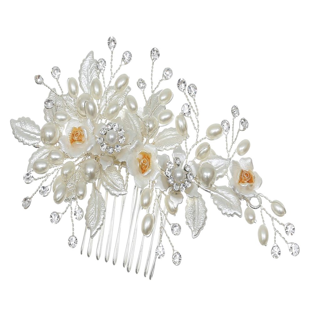 SAMKY Handmade Shell White Pearl Crystal Flower Leaf Hair Comb - Silver T1216_
