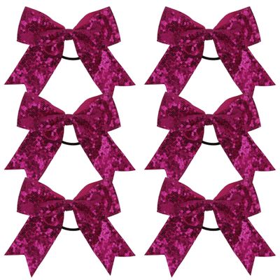 Metallic Sequin and Holographic 6 Inch Cheer Bow Cheerleader Cheerleading Jumbo Cheer Bow Hair Tie Hair Bow School (Hot Pink)