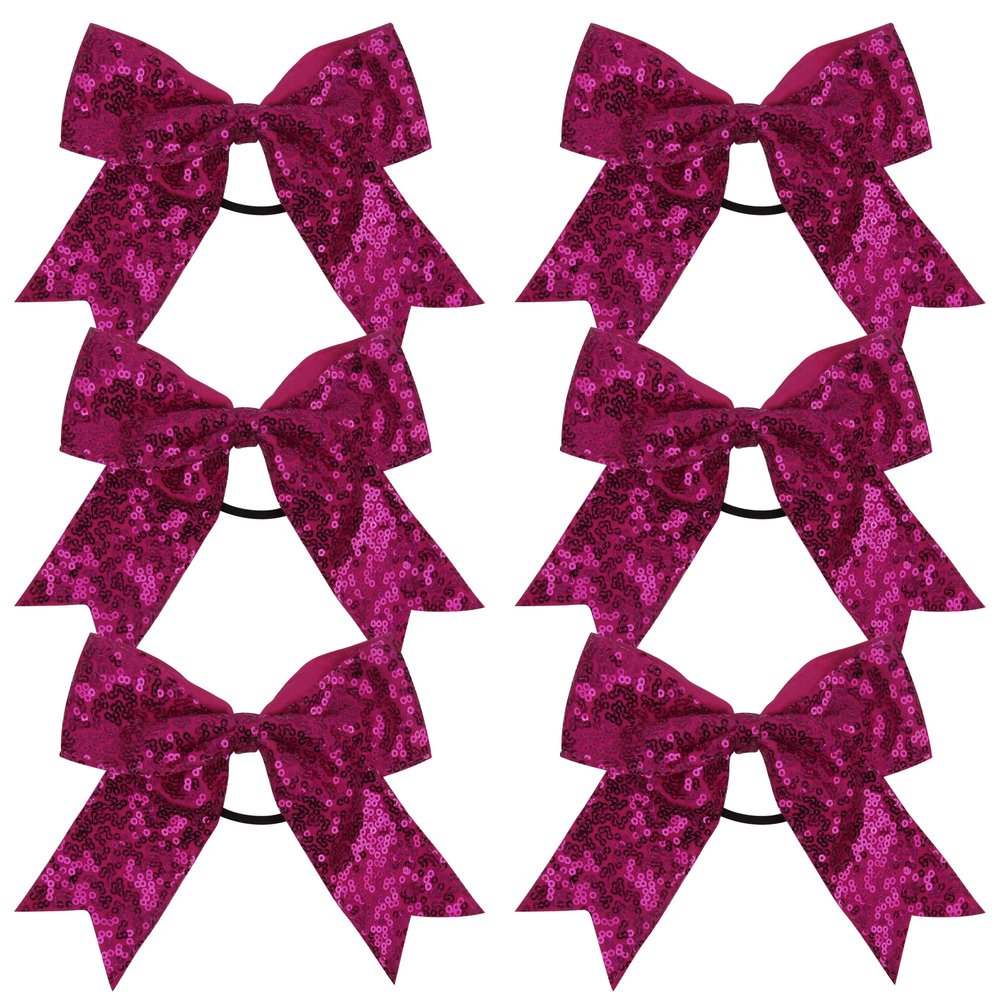 Metallic Sequin and Holographic 6 Inch Cheer Bow Cheerleader Cheerleading Jumbo Cheer Bow Hair Tie Hair Bow School (Hot Pink)