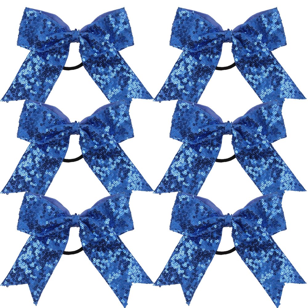 Metallic Sequin and Holographic 6 Inch Cheer Bow Cheerleader Cheerleading Jumbo Cheer Bow Hair Tie Hair Bow School (Columbia Blue)