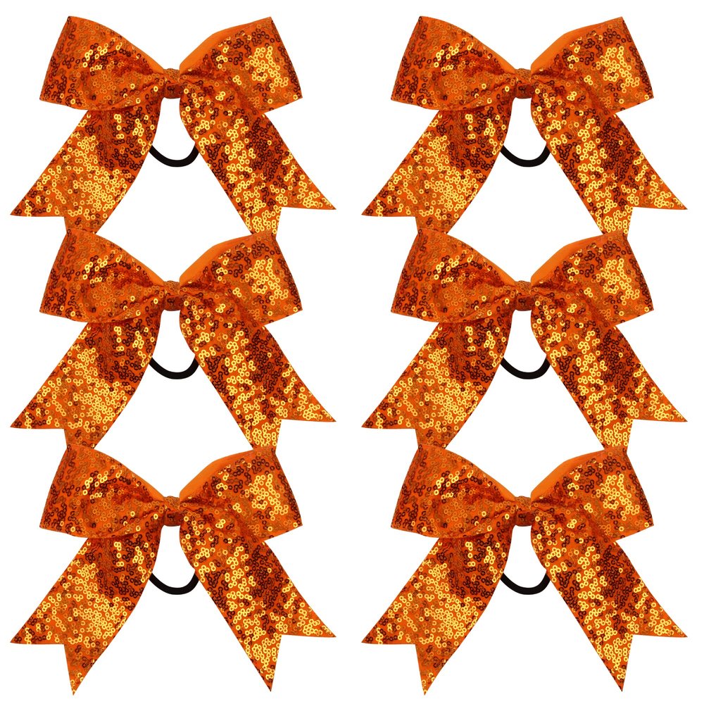 Metallic Sequin and Holographic 6 Inch Cheer Bow Cheerleader Cheerleading Jumbo Cheer Bow Hair Tie Hair Bow School (Orange)
