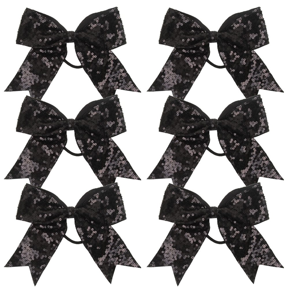 Metallic Sequin and Holographic 6 Inch Cheer Bow Cheerleader Cheerleading Jumbo Cheer Bow Hair Tie Hair Bow School (Black)