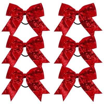 Metallic Sequin and Holographic 6 Inch Cheer Bow Cheerleader Cheerleading Jumbo Cheer Bow Hair Tie Hair Bow School (Red)