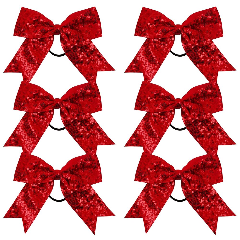 Metallic Sequin and Holographic 6 Inch Cheer Bow Cheerleader Cheerleading Jumbo Cheer Bow Hair Tie Hair Bow School (Red)