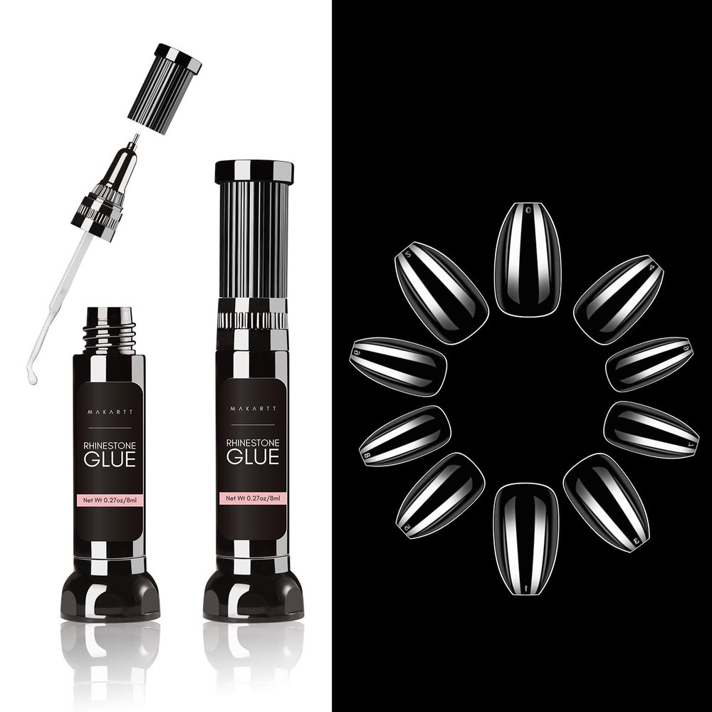 Makartt Updated 2pcs Nail Rhinestone Glue Gel with Brush& Pen tip Bundle with Makartt Coffin Nails Short 500pcs
