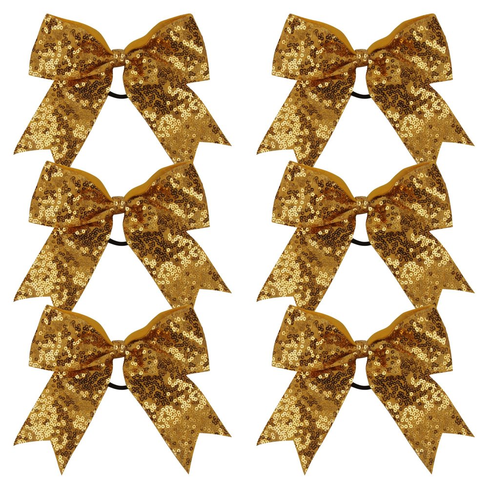 Metallic Sequin and Holographic 6 Inch Cheer Bow Cheerleader Cheerleading Jumbo Cheer Bow Hair Tie Hair Bow School (Gold)