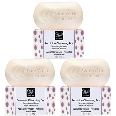 One With Nature Feminine Cleansing Bar 3Pack 3.5oz Fragrance-Free Soap Bar, Dermatologist Tested, Probiotics, Apple Cider Vinegar, Omega Fatty Acids, Oatmeal, Gentle Cleanser for Face, Body