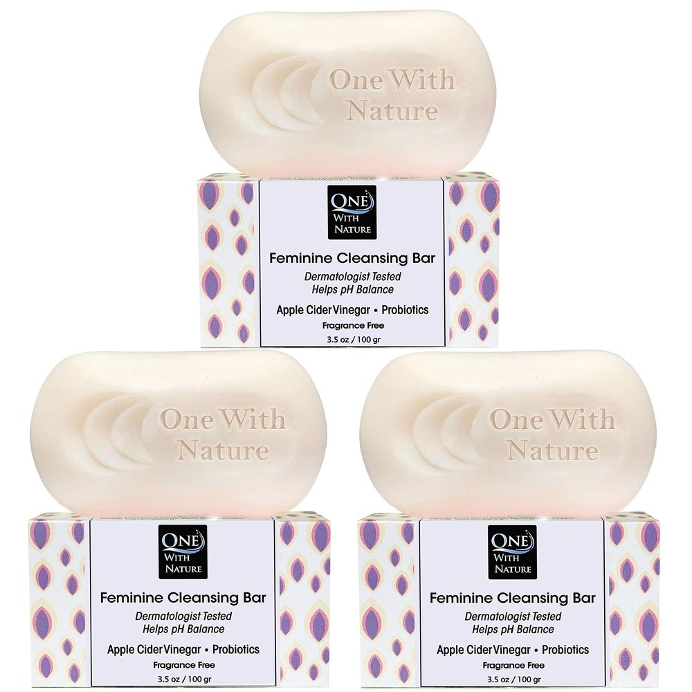 One With Nature Feminine Cleansing Bar 3Pack 3.5oz Fragrance-Free Soap Bar, Dermatologist Tested, Probiotics, Apple Cider Vinegar, Omega Fatty Acids, Oatmeal, Gentle Cleanser for Face, Body