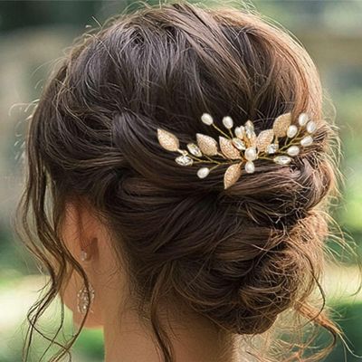 Easedaily Leaf Bride Wedding Hair Pin Gold Pearl Bridal Hair Piece Rhinestone Hair Accessories for Women and Girls