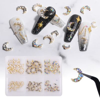 Katfan 60 Pcs Moon Nail Charms, Shining Gold Nail Rhinestones with Moon Diamond Gem Pearl, Crystals Nail Studs Nail Art Decorations Accessories for DIY Nail Art Craft Jewelry with Box