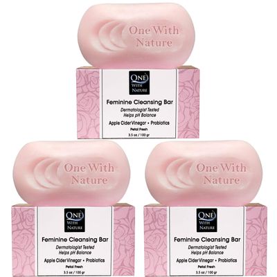One With Nature Feminine Cleansing Bar, Rose Petal Fresh 3.5oz Bar 3Pack, Dermatologist Tested, Probiotics, Apple Cider Vinegar, Omega Fatty Acids, Oatmeal, Gentle Cleanser for Face, Body