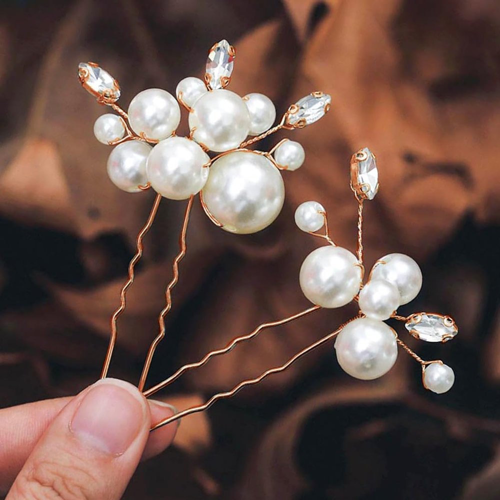 Casdre Pearl Bridal Hair Pins Crystal Bride Hair Piece Wedding Hair Accessories for Women and Girls(Pack of 2) (C Rose Gold)