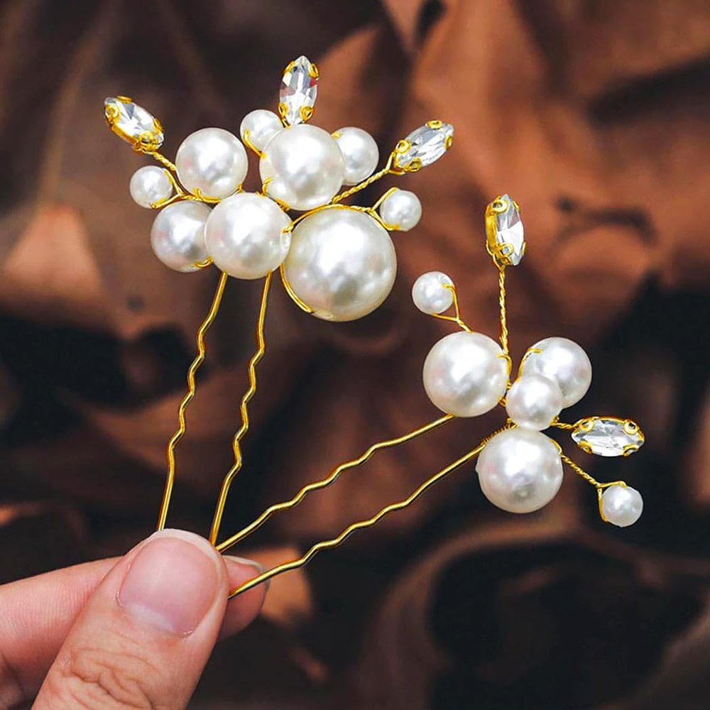 Casdre Pearl Bridal Hair Pins Crystal Bride Hair Piece Wedding Hair Accessories for Women and Girls(Pack of 2) (B Gold)