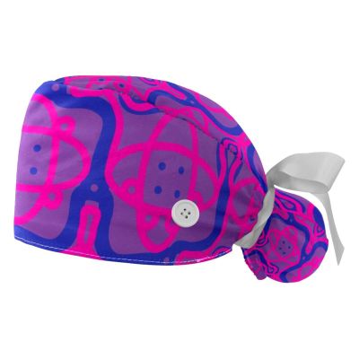 2 Pcs Nurse Scrub Caps Women Long Hair, Tribal Purple Geometric Pattern Adjustable Working Cap with Button and Sweatband