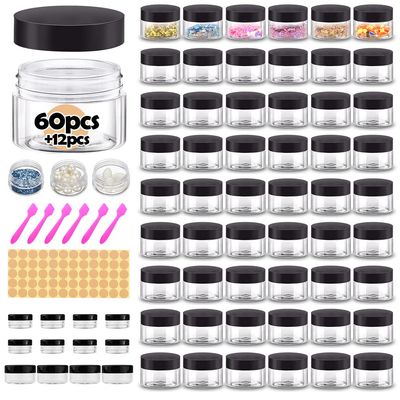 1 oz Plastic Containers with Lids 60pcs Plastic Jars with Lids + 3/5/10 Gram 12pcs Sample Containers Travel Jar Great for Lip Scrub, Body Butters, Cream, Lotion, Labels & Spatulas (72 Pack)