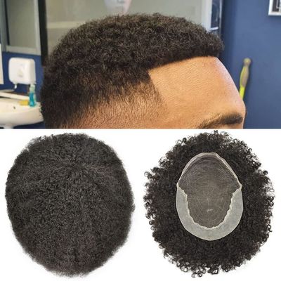 Afro Mens Toupee for Black Men Kinky Curly Human Hair with Grey Replacement System African American Mens Wig Transparent French Lace Front Hair Units (6mm afro wave, #1B10 1B# OFF BLACK WITH 10% SYNTHETIC GREY)