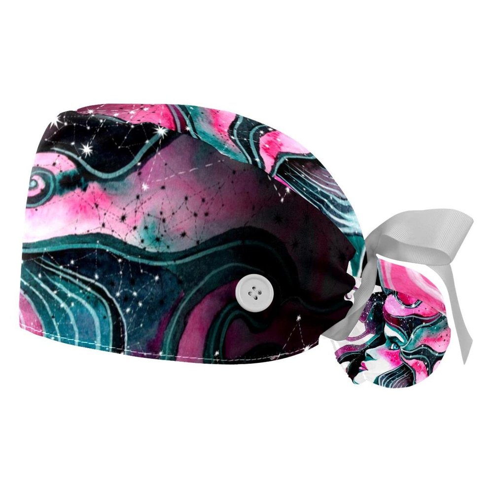 2 Pcs Nurse Scrub Caps Women Long Hair, Girl with Long Magical Hair Stars Adjustable Working Cap with Button and Sweatband