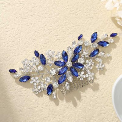 Catery Blue Rhinestone Bridal Hair Comb Crystal Wedding Hair Pieces Flower Silver Accessories for Brides and Women Pack of 1(Blue)
