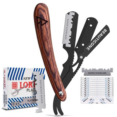 BEAUTICONE Straight Razors for Men, Straight Edge Razor, 100 Single Edge Blades, Stainless Steel, Barber Razor for Men's Shaving, Barber Shaving Knife, Wooden, Swinglock