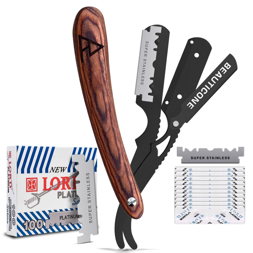 BEAUTICONE Straight Razors for Men, Straight Edge Razor, 100 Single Edge Blades, Stainless Steel, Barber Razor for Men's Shaving, Barber Shaving Knife, Wooden, Swinglock