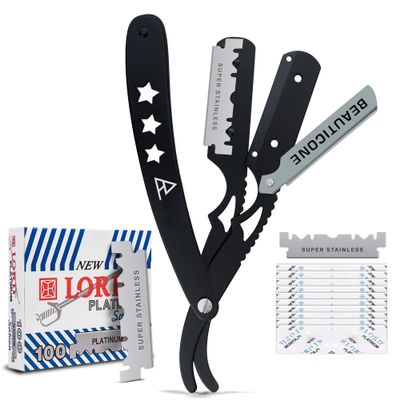 BEAUTICONE Straight Razors for Men, Straight Edge Razor, 100 Single Edge Blades, Stainless Steel, Barber Razor for Men's Shaving, Barber Shaving Knife, Swinglock