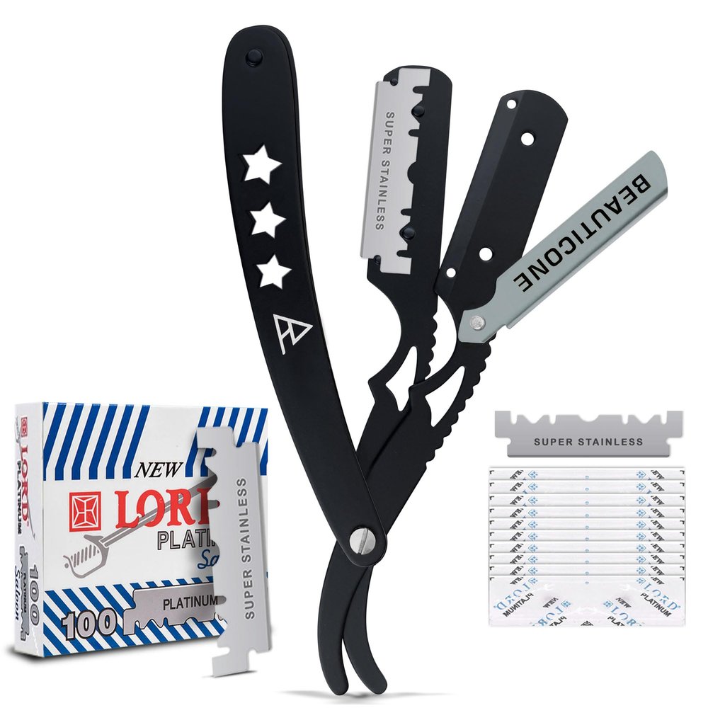 BEAUTICONE Straight Razors for Men, Straight Edge Razor, 100 Single Edge Blades, Stainless Steel, Barber Razor for Men's Shaving, Barber Shaving Knife, Swinglock