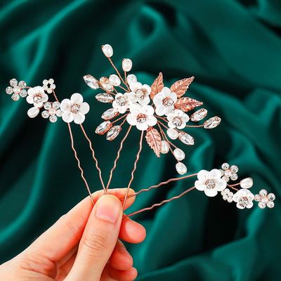 GORAIS Bridal Hair Pins Rose Gold Pearl Wedding Hair Accessories Bride Hair Clips for Women (Pack of 3)