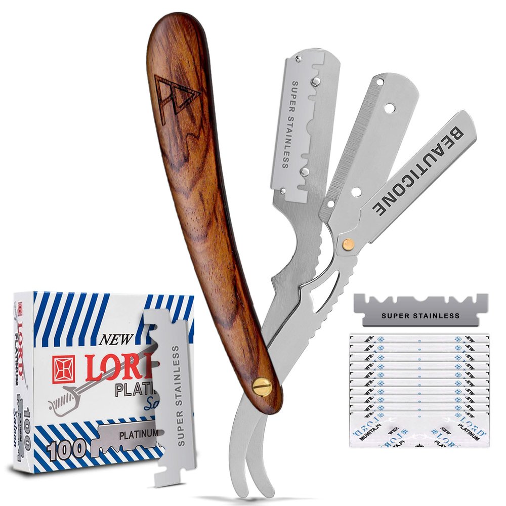 BEAUTICONE Straight Razors for Men, Straight Edge Razor, 100 Single Edge Blades, Stainless Steel, Barber Razor for Men's Shaving, Barber Shaving Knife, Wooden, Swinglock