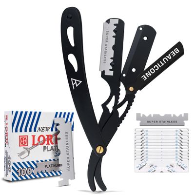 BEAUTICONE Straight Razors for Men, Straight Edge Razor, 100 SingleEdge Blades, Stainless Steel, Barber Razor for Men's Shaving, Barber Shaving Knife, Swinglock