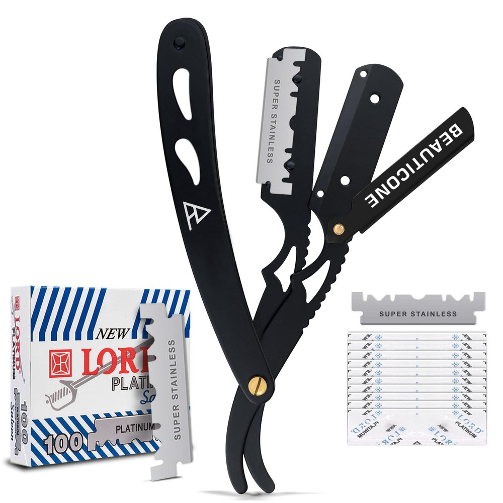 BEAUTICONE Straight Razors for Men, Straight Edge Razor, 100 SingleEdge Blades, Stainless Steel, Barber Razor for Men's Shaving, Barber Shaving Knife, Swinglock