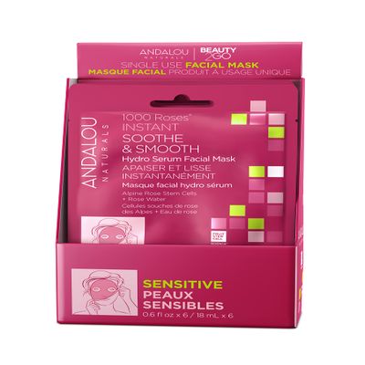 Andalou Naturals 1000 Roses Instant Soothe & Smooth Hydro Serum Facial Sheet Mask, Sensitive, Non GMO, 0.6 Fluid Ounces (Pack Of 6)