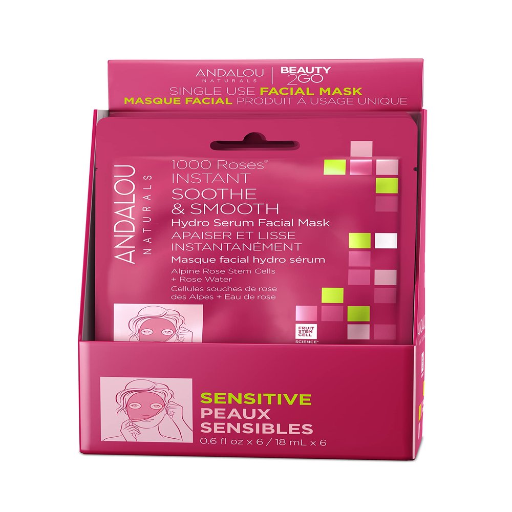 Andalou Naturals 1000 Roses Instant Soothe & Smooth Hydro Serum Facial Sheet Mask, Sensitive, Non GMO, 0.6 Fluid Ounces (Pack Of 6)