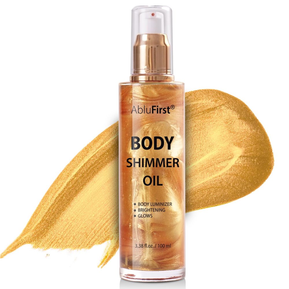 AbluFirst Shimmer Body Oil Summer Body Glitter Moisturizing Light Shimmer Glow Non-Sticky Summer Body Luminizer and Illuminator Smooth (2.8 Fl Oz (Pack of 1), Gold)
