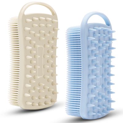 2 PC Silicone Body Scrubber, 2 in 1 Exfoliating Shower Bath Scrubber, Soft Silicone Loofah for Sensitive Skin, Shower Hair Scalp Massager, Easy to Clean, Lather Well (Grey&Blue)
