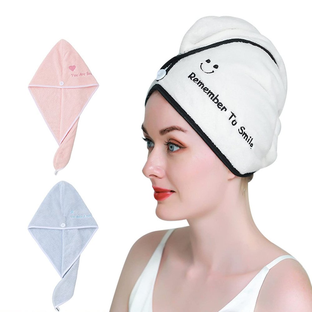 2 Pack Hair Towel Wrap,Hair Drying Towel with Button, Microfiber Hair Towel, Dry Hair Hat, Bath Hair Cap (Light Yellow)