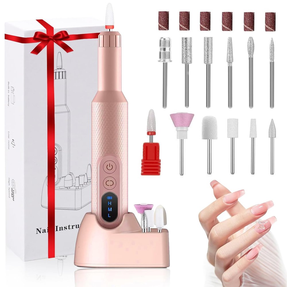 Ftrule Cordless Electric Nail Drill, Portable Professional Rechargeable Efile Nail File Machine with Nail Drill Bits, Sanding Bands for Acrylic Gel Nails, Manicure Pedicure Polishing, Pink