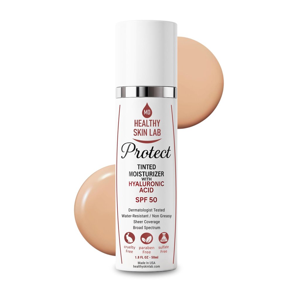 Healthy Skin Lab Protect Tinted Moisturizer & Mineral Sunscreen SPF 50, Sheer Universal Tint, Lightweight Coverage, Broad Spectrum UV Protection + Hyaluronic Acid, Dermatologist Tested, 1.8 oz