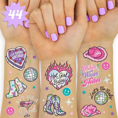 xo Fetti Birthday Decorations Temporary Tattoos - 44 pcs | Fun Bday Girl Party, Older, Wiser, Hotter, HBD, Disco Cowgirl, Hot Girl Bday