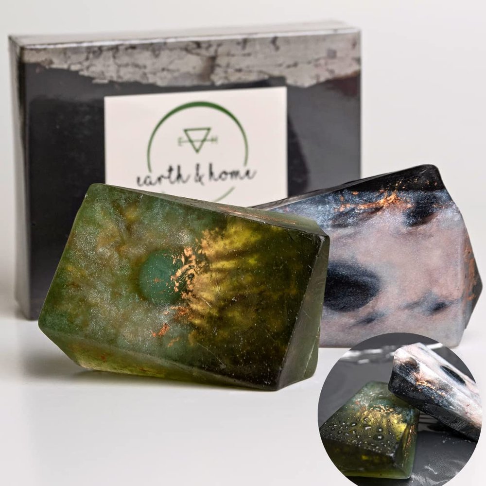 Earth & Home Rock Soap Gift Set of 2- Mothers Day Gift- Decorative Scented Gemstone Soap with Crystals (Jade & Black Obsidian) Inside- with Natural Ingredients & Essential Oil