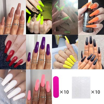 10 packs (200Pcs) / MEGA Set of Solid Color Nail Art, Novice Friendly, Press on Nails Long, Luxury Wear Glossy Pattern Coffin Nails set, Full Cover Salon Fake Nails Art Tips, Acrylic Nails for Women and Girls, with Nail File and Grain Jelly Glue