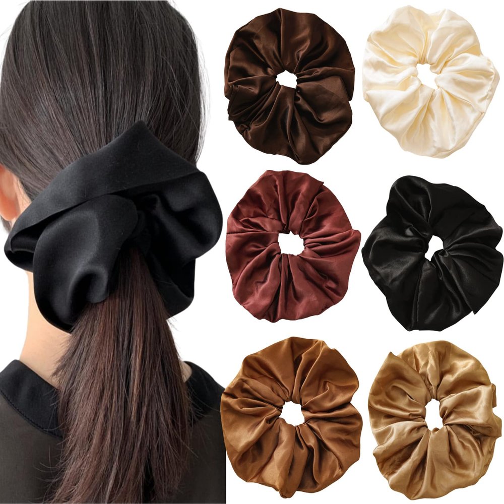 Big Satin Scrunchies for Women, XL Oversized Hair Scrunchies for Thick Hair, Extra Large Soft Silk Pillow Scrunchy, Jumbo Hair Tie for Curly Hair Buns Ponytails, 6 Pack(M)