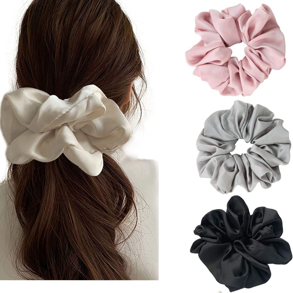 Big Satin Scrunchies for Women, XL Oversized Hair Scrunchies for Thick Hair, Extra Large Soft Silk Pillow Scrunchy, Jumbo Hair Tie for Curly Hair Buns Ponytails, 4 Pack(E)