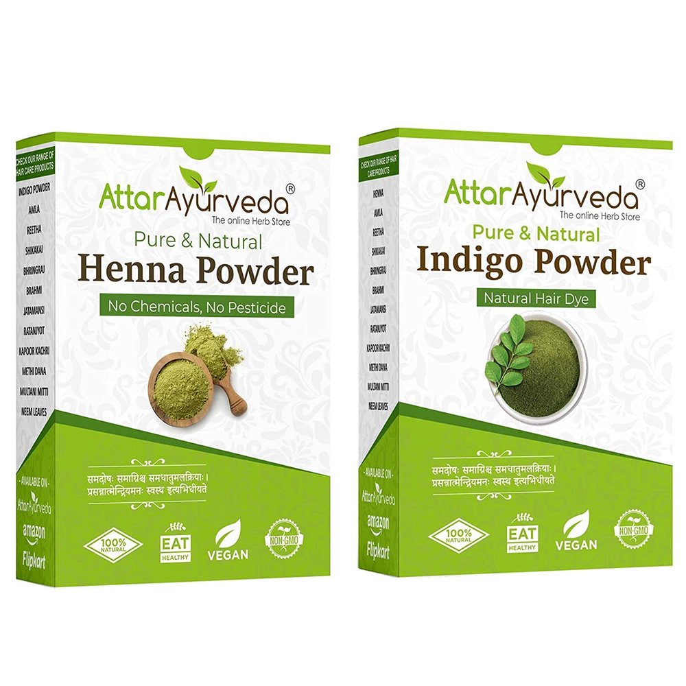 DKM Attar Ayurveda Natural Dye for Black Hair (Henna Leaves Powder, Indigo Leaves Powder Combo Pack) (200 Grams + 200 Grams = 400 Grams Total), 14.1096 Ounce